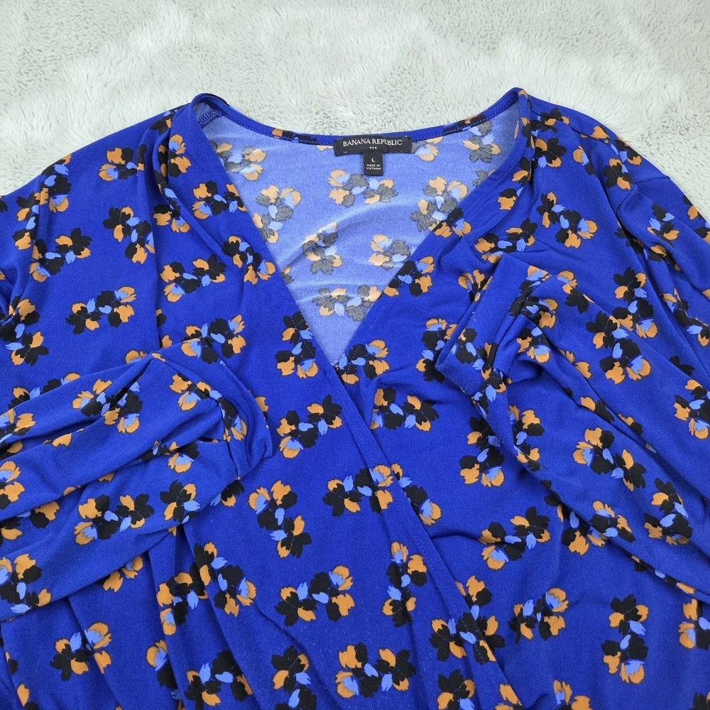 Banana Republic Wrap Top Womens L Floral Cinched Waist Long Sleeve Blue Blend